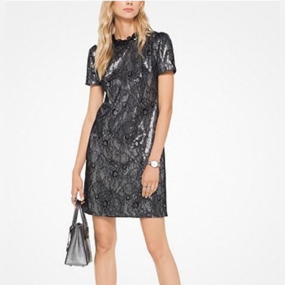Michael Kors Ruffled collar Shift dress lace with sequin embellishments dress - Picture 10 of 13